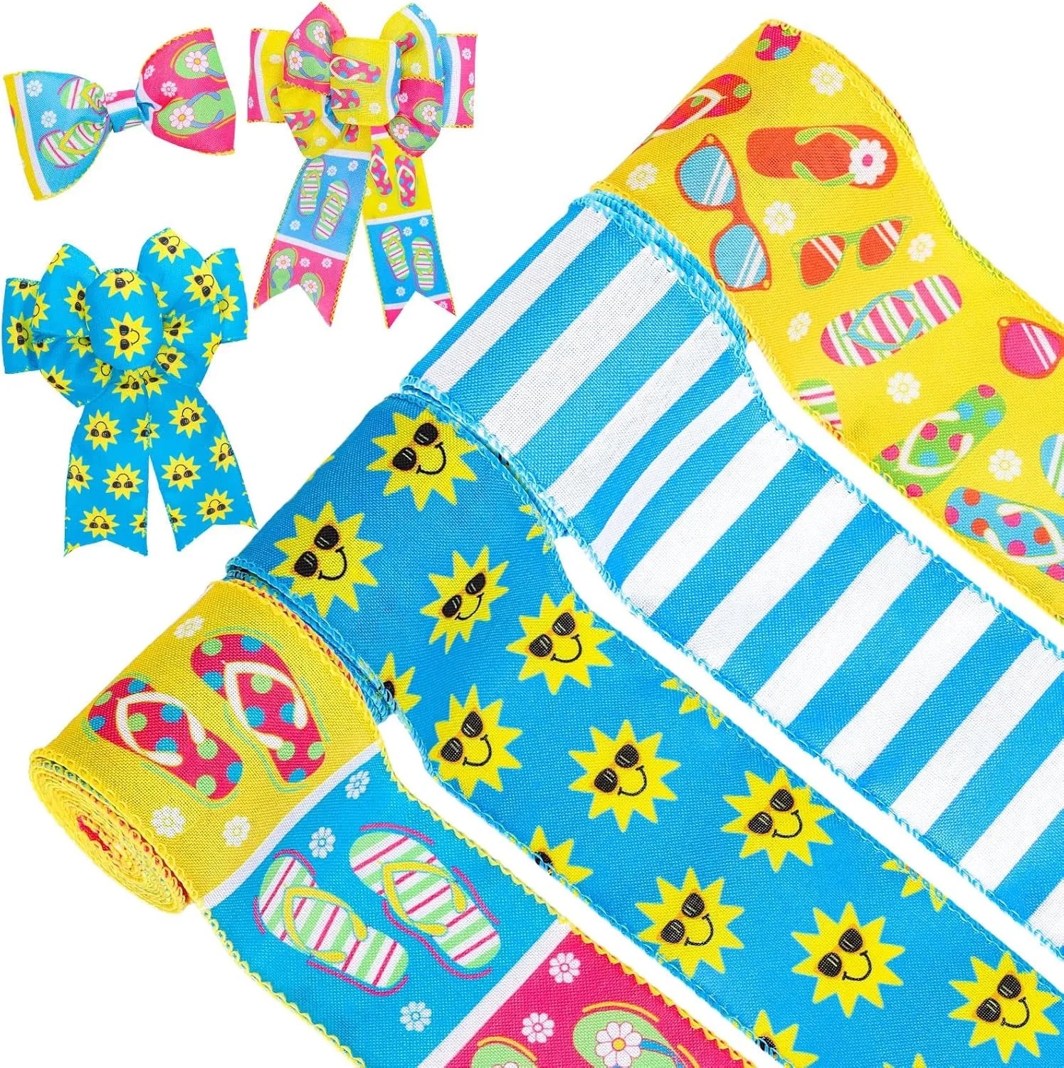 4 Rolls Summer Wired Ribbon 24 Yards Flip Flop Fabric Decorative Ribbon Summer Theme Sunshine Fabric Ribbon Beach Party Stripe Craft Ribbon for Summer Wreath Bow DIY Craft Wrapping, 2.5 Inch