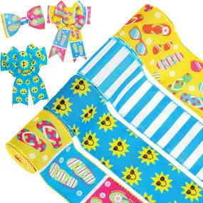 4 Rolls Summer Wired Ribbon 24 Yards Flip Flop Fabric Decorative Ribbon Summer Theme Sunshine Fabric Ribbon Beach Party Stripe Craft Ribbon for Summer Wreath Bow DIY Craft Wrapping, 2.5 Inch