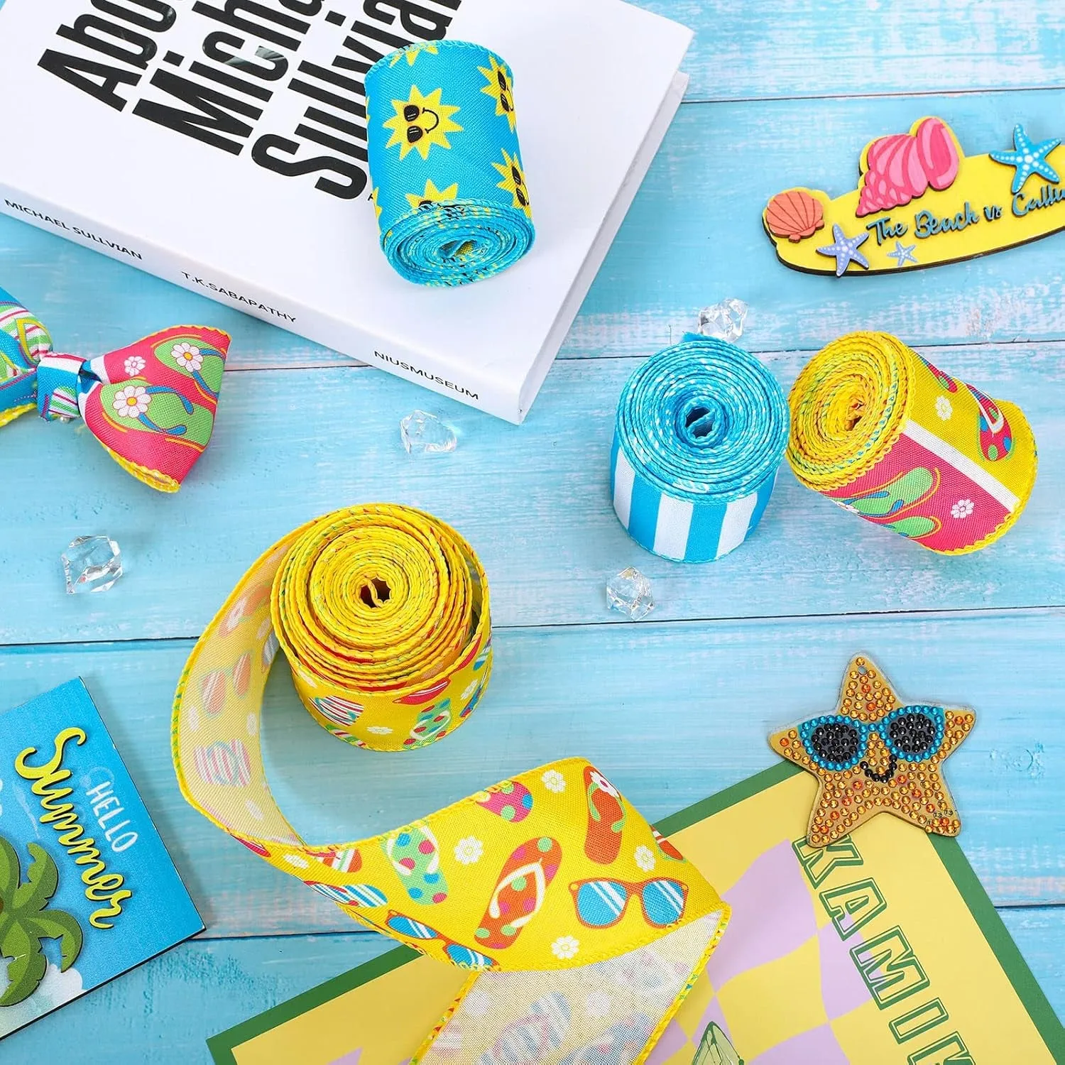 4 Rolls Summer Wired Ribbon 24 Yards Flip Flop Fabric Decorative Ribbon Summer Theme Sunshine Fabric Ribbon Beach Party Stripe Craft Ribbon for Summer Wreath Bow DIY Craft Wrapping, 2.5 Inch