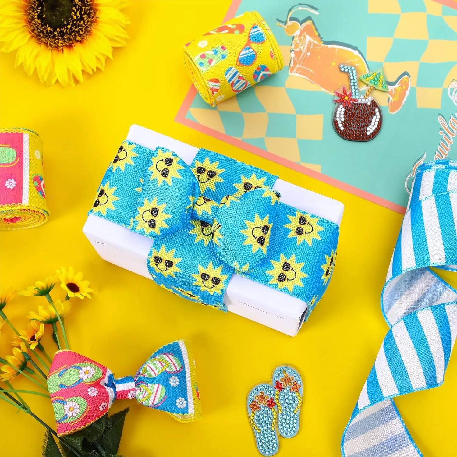 4 Rolls Summer Wired Ribbon 24 Yards Flip Flop Fabric Decorative Ribbon Summer Theme Sunshine Fabric Ribbon Beach Party Stripe Craft Ribbon for Summer Wreath Bow DIY Craft Wrapping, 2.5 Inch