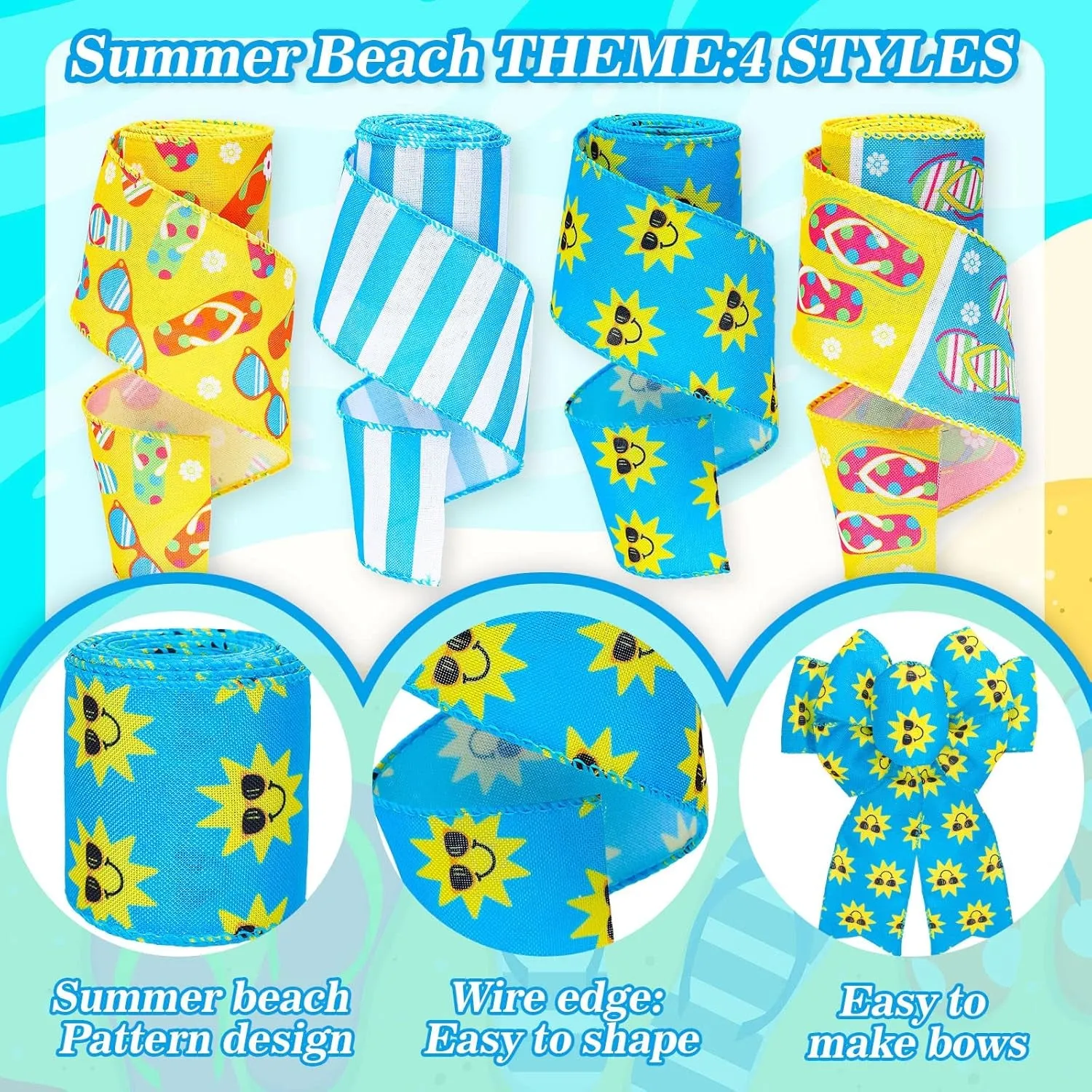4 Rolls Summer Wired Ribbon 24 Yards Flip Flop Fabric Decorative Ribbon Summer Theme Sunshine Fabric Ribbon Beach Party Stripe Craft Ribbon for Summer Wreath Bow DIY Craft Wrapping, 2.5 Inch