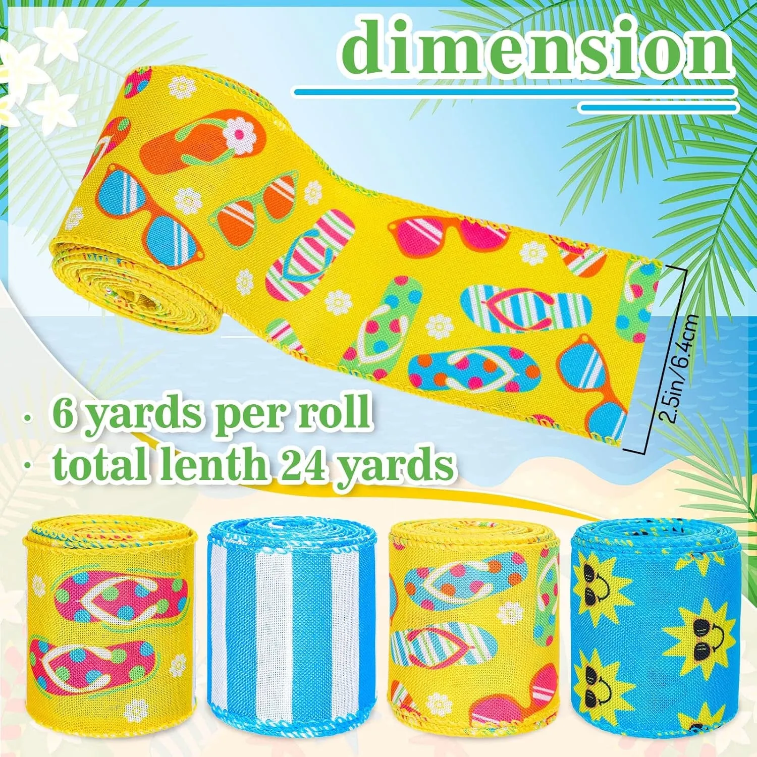 4 Rolls Summer Wired Ribbon 24 Yards Flip Flop Fabric Decorative Ribbon Summer Theme Sunshine Fabric Ribbon Beach Party Stripe Craft Ribbon for Summer Wreath Bow DIY Craft Wrapping, 2.5 Inch