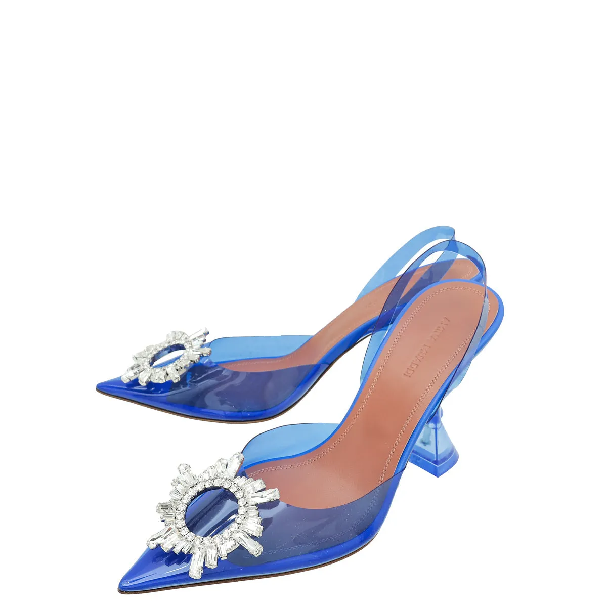 Amina Muaddi Electric Blue PVC Crystal Begum Slingback Pumps 38