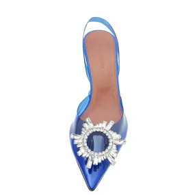 Amina Muaddi Electric Blue PVC Crystal Begum Slingback Pumps 38
