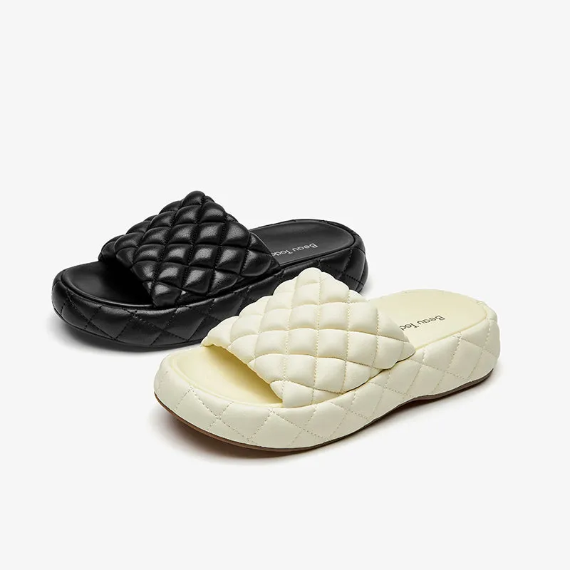 BeauToday Soft Round Toe Leather Woven Chunky Slippers for Women