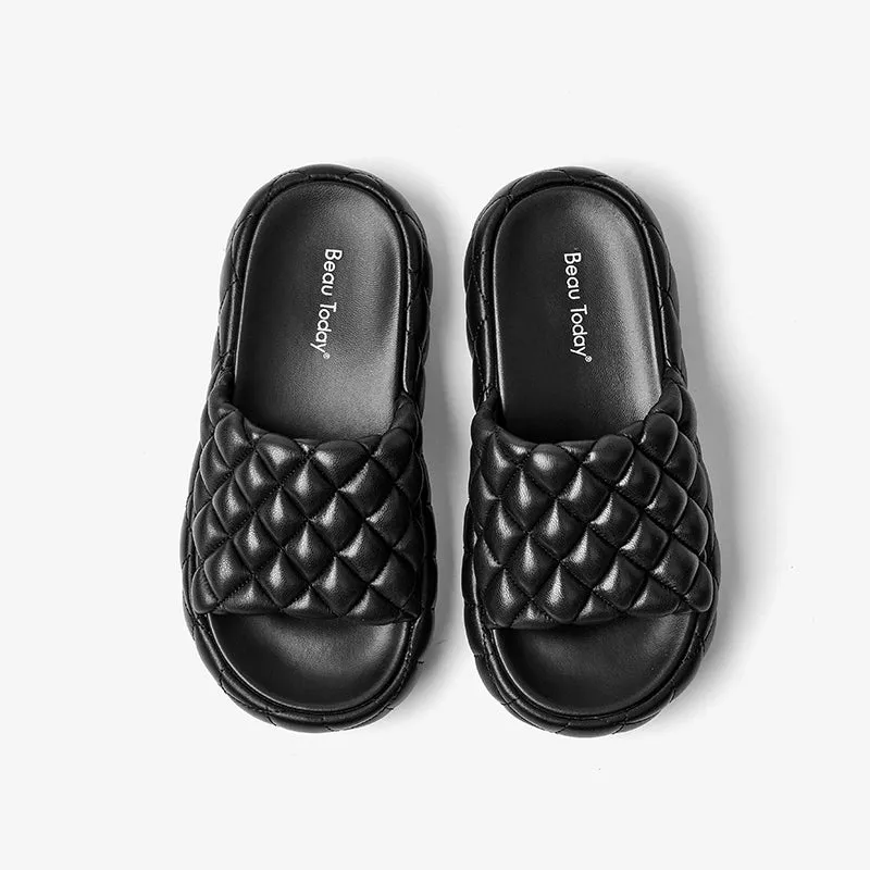 BeauToday Soft Round Toe Leather Woven Chunky Slippers for Women