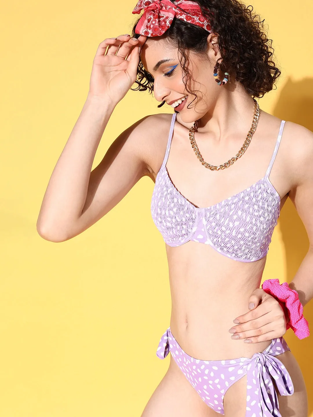 Berrylush Women Purple Abstract Printed Sweetheart Neck Back Tie-Up Smocked Bikini Swimsuit