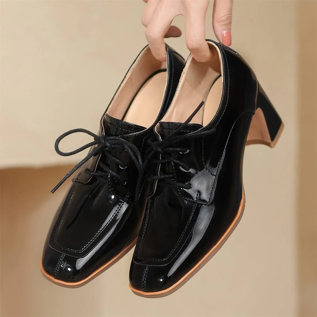 Betastella Women's Patent Leather Chunky Oxfords Square Toe Block Heeled Lace Up Pumps Dress Office Shoes
