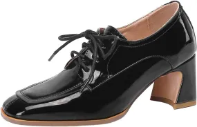 Betastella Women's Patent Leather Chunky Oxfords Square Toe Block Heeled Lace Up Pumps Dress Office Shoes