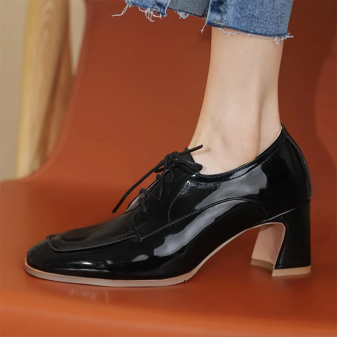 Betastella Women's Patent Leather Chunky Oxfords Square Toe Block Heeled Lace Up Pumps Dress Office Shoes