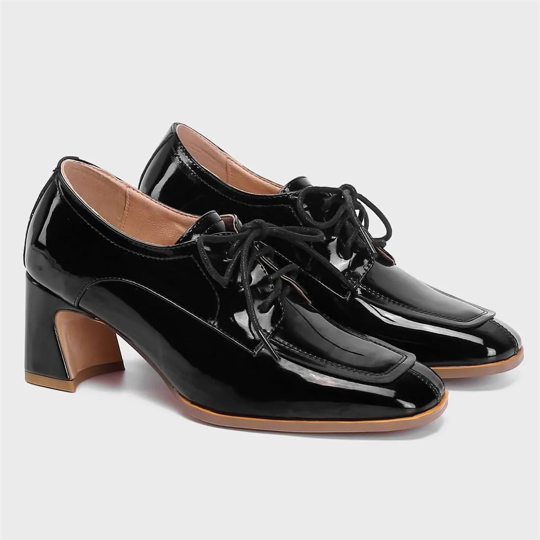Betastella Women's Patent Leather Chunky Oxfords Square Toe Block Heeled Lace Up Pumps Dress Office Shoes
