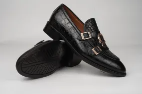 Black Double Buckle Loafer made using embossed Crocodile leather Custom Made-To-Order Shoes  Premium Quality Handmade