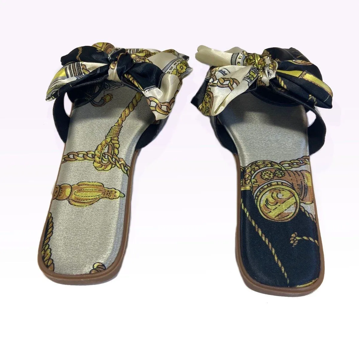 Bow Scarf Print Slides- Black