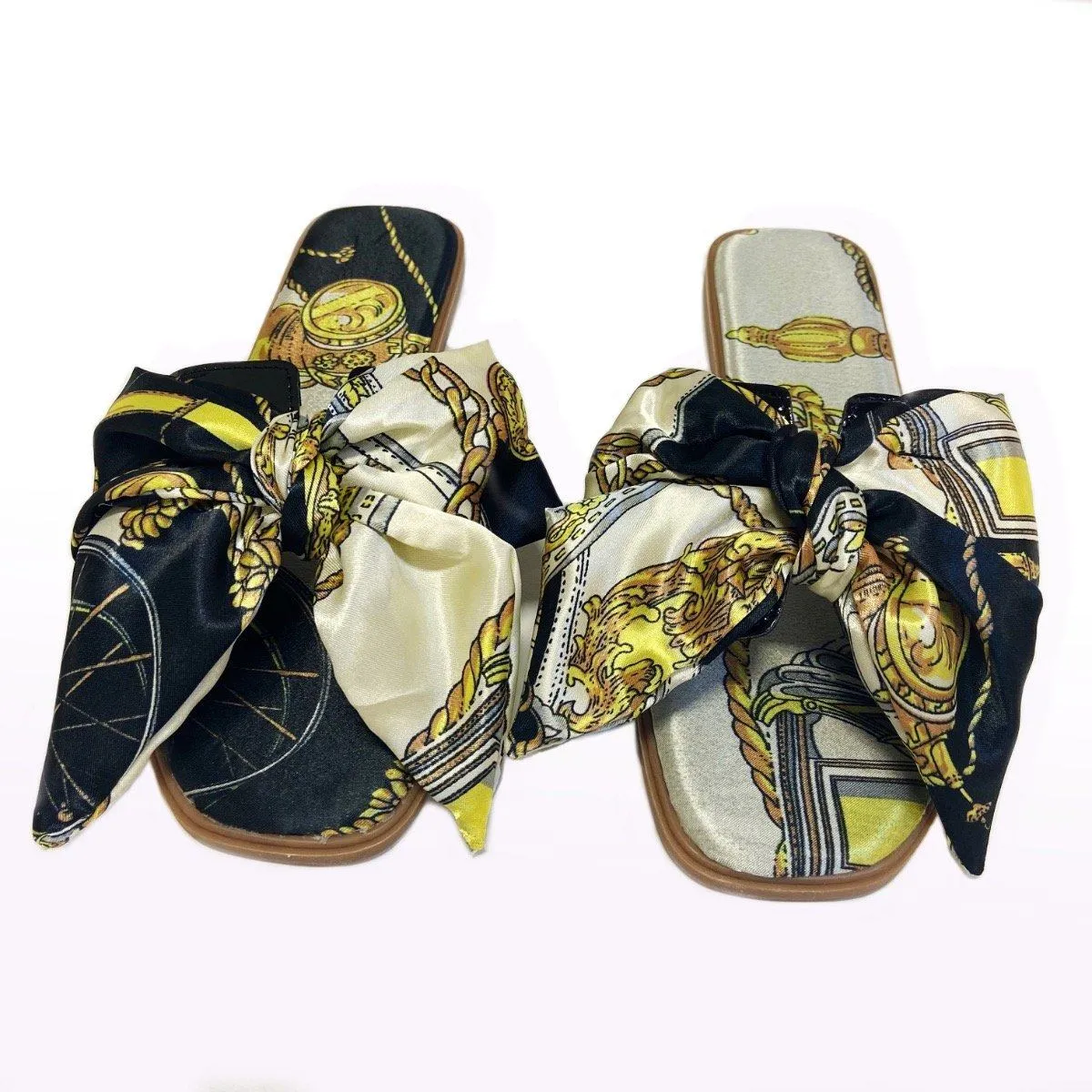 Bow Scarf Print Slides- Black