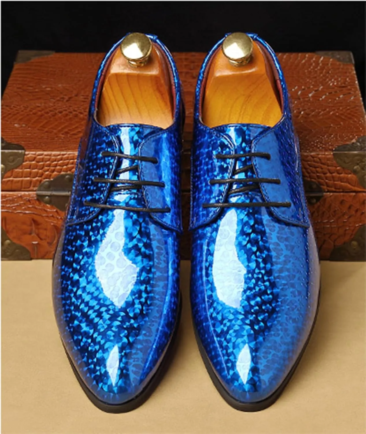 ByErz Men Fashion Dress Business Shoe Pointed Toe Patent Leather Lace Up Oxford Black Blue Green