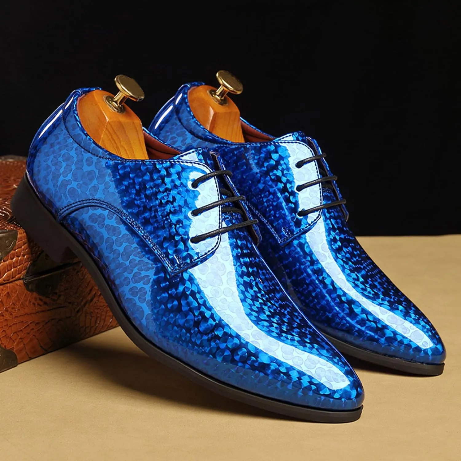 ByErz Men Fashion Dress Business Shoe Pointed Toe Patent Leather Lace Up Oxford Black Blue Green