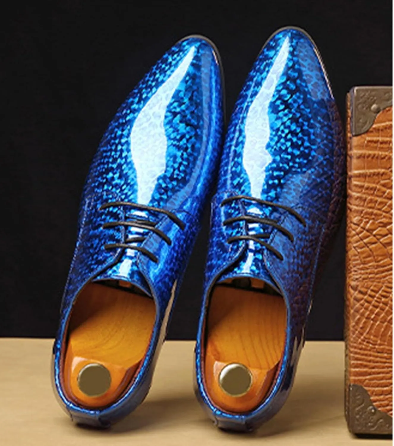 ByErz Men Fashion Dress Business Shoe Pointed Toe Patent Leather Lace Up Oxford Black Blue Green