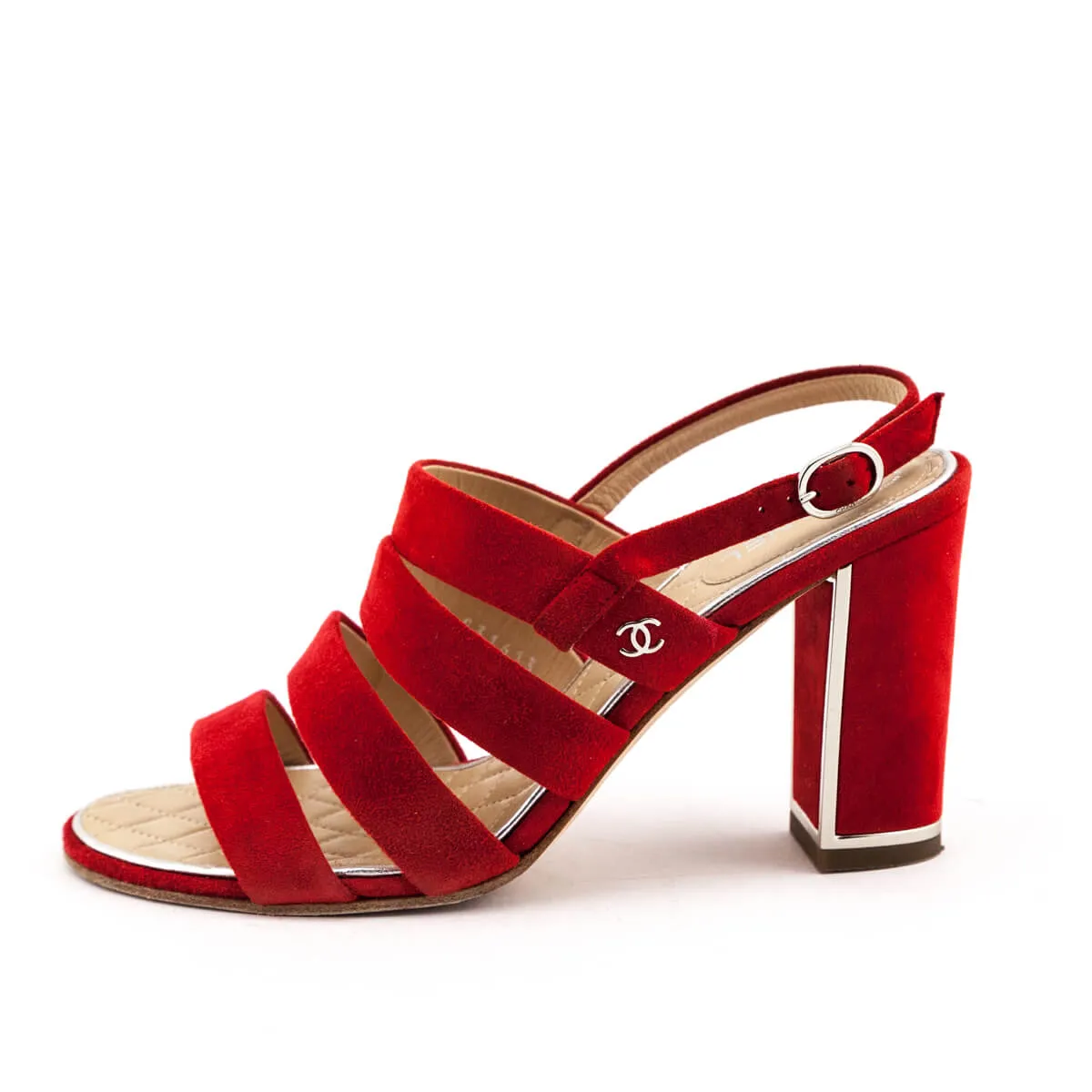 Chanel Red Suede Multi-Strap CC Sandals US 7 | EU 37