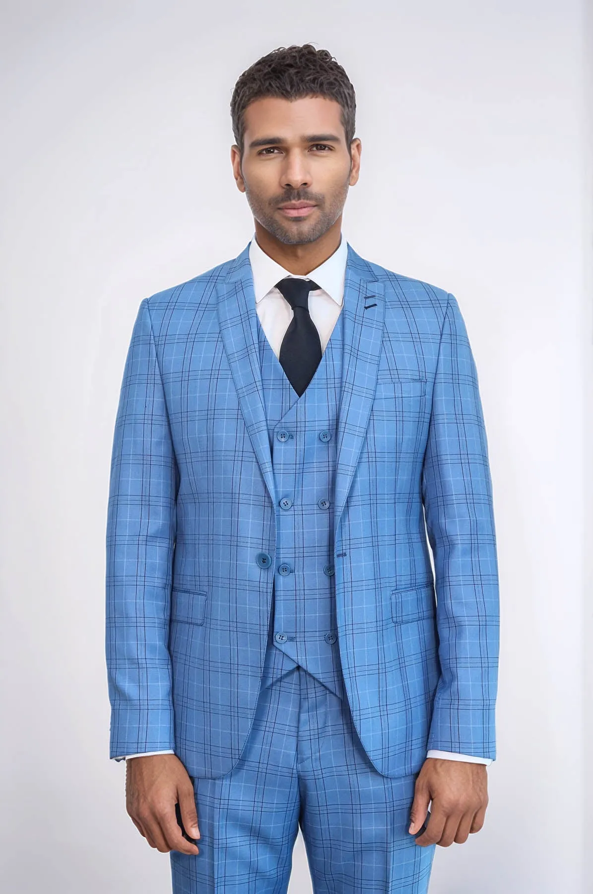 Checked Light Blue Men Suit - Wessi