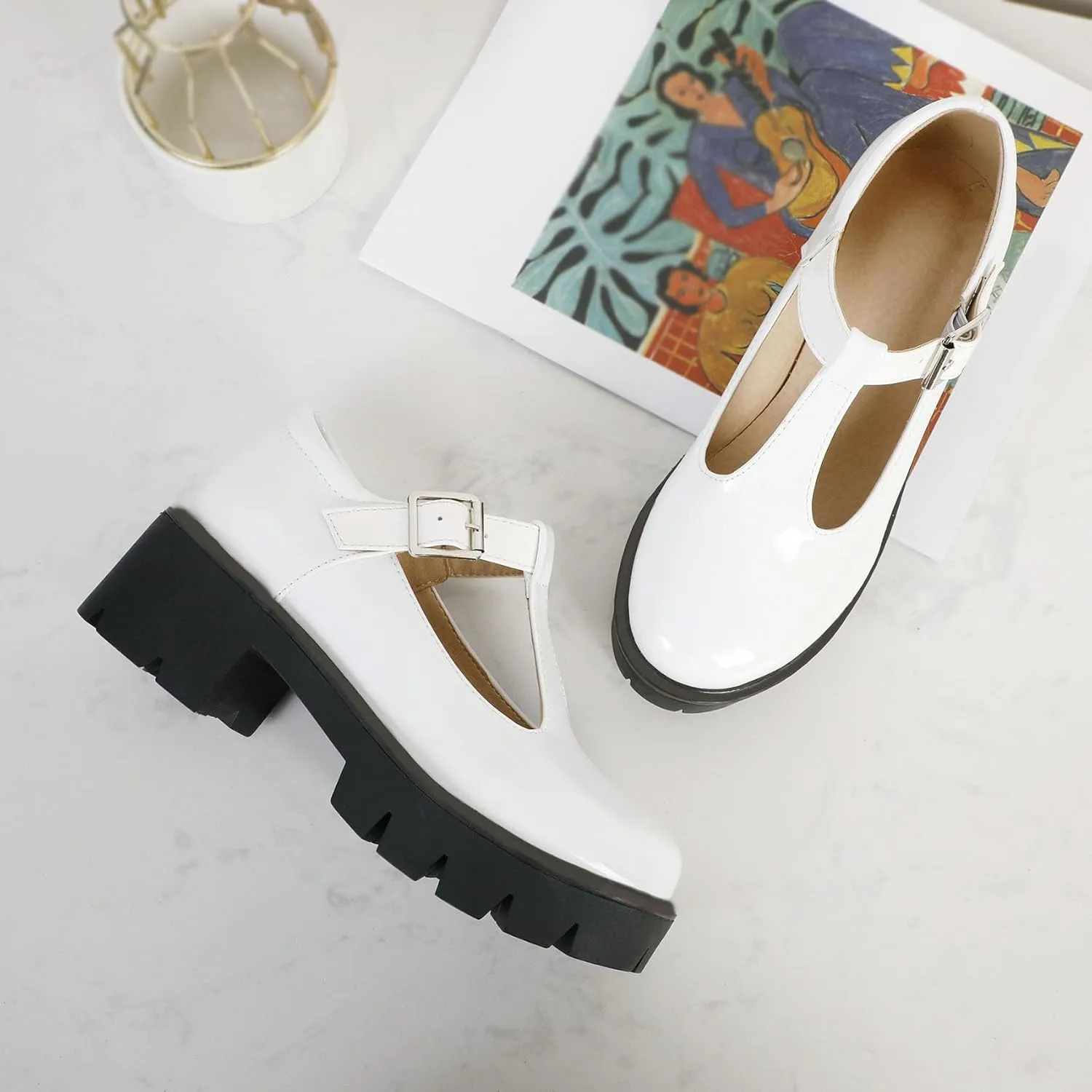 Chunky Mid Heels Oxfords Lug Sole Brogues T-Strap Patent Platform Pumps Gothic Buckled Shoes