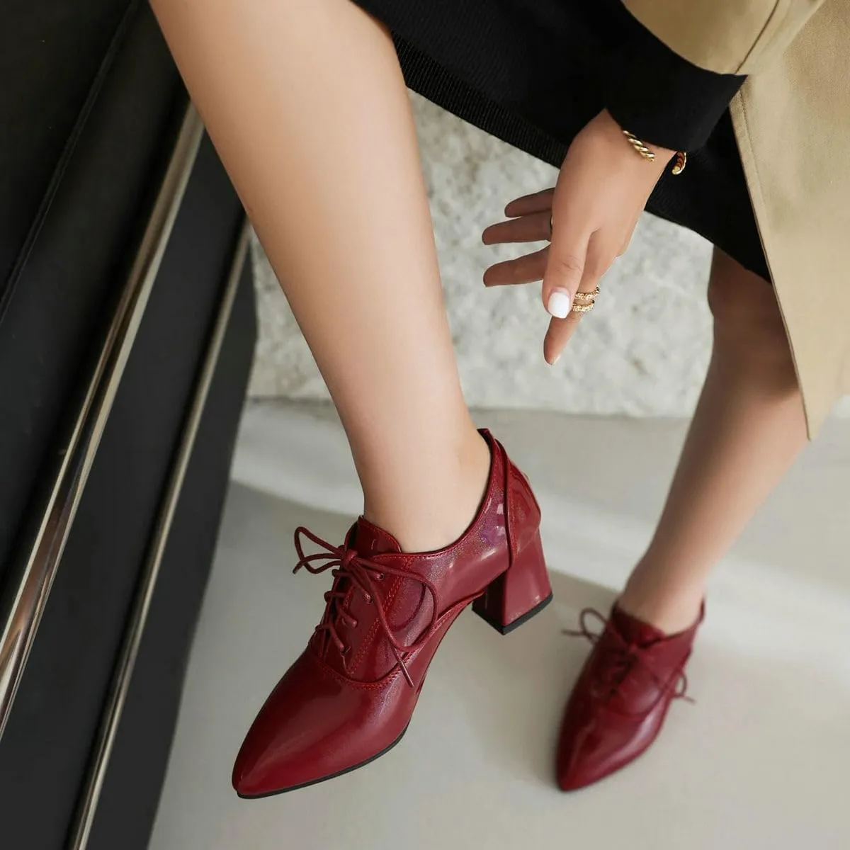 DINTAHA Patent Leather Heeled Oxfords Pointed Toe Oxford Heels Dress Shoes