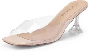 DREAM PAIRS Women’s Clear Heels Square Toe High Stiletto Mules Slip on Wedding Dress Heel Sandals