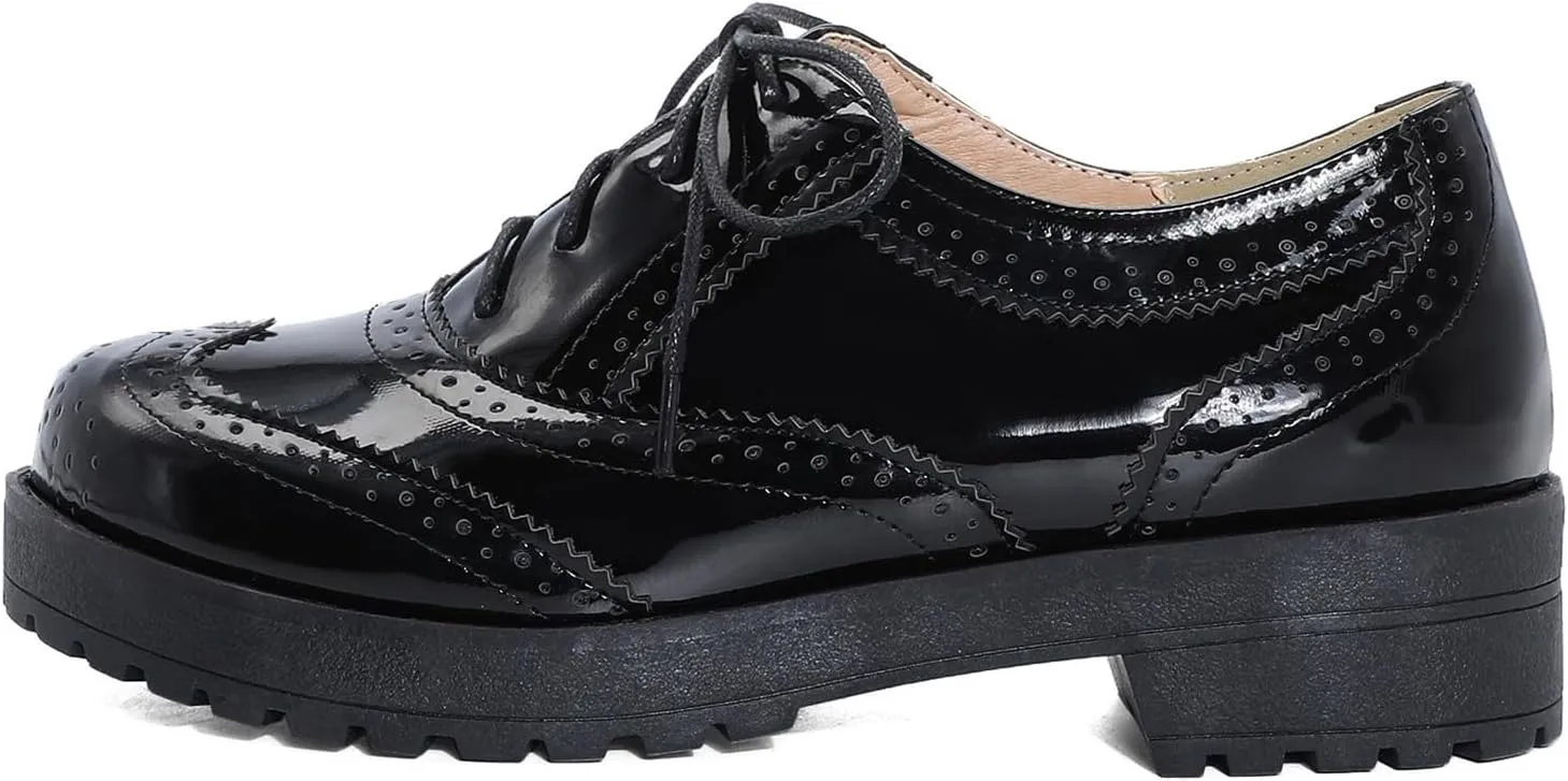 Elbslutt Women's Patent Leather Wingtip Oxfords Low Mid Heels Vintage Shoes Lace Up Pumps Retro Brogues Shoes