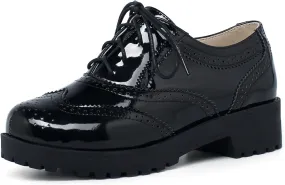 Elbslutt Women's Patent Leather Wingtip Oxfords Low Mid Heels Vintage Shoes Lace Up Pumps Retro Brogues Shoes