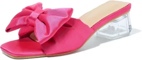 Heiyom Women's Square Toe Low Block Chunky Heels Mules Sandals Bowknot Slip on Clear Heels Wedding Bridal Party Dress Shoes