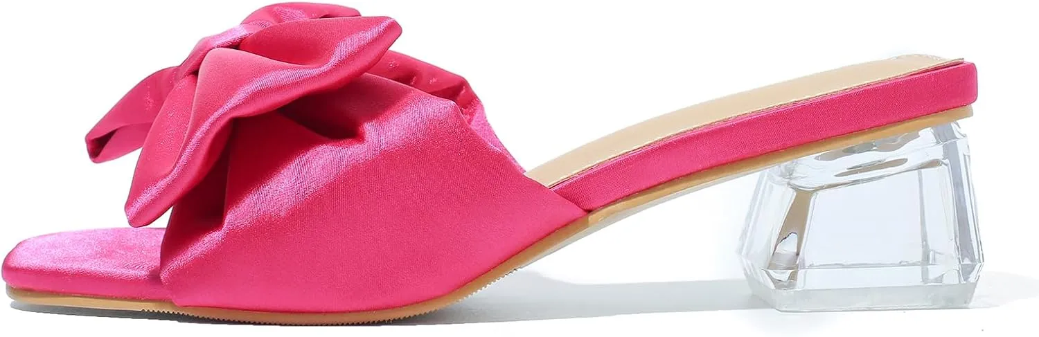 Heiyom Women's Square Toe Low Block Chunky Heels Mules Sandals Bowknot Slip on Clear Heels Wedding Bridal Party Dress Shoes