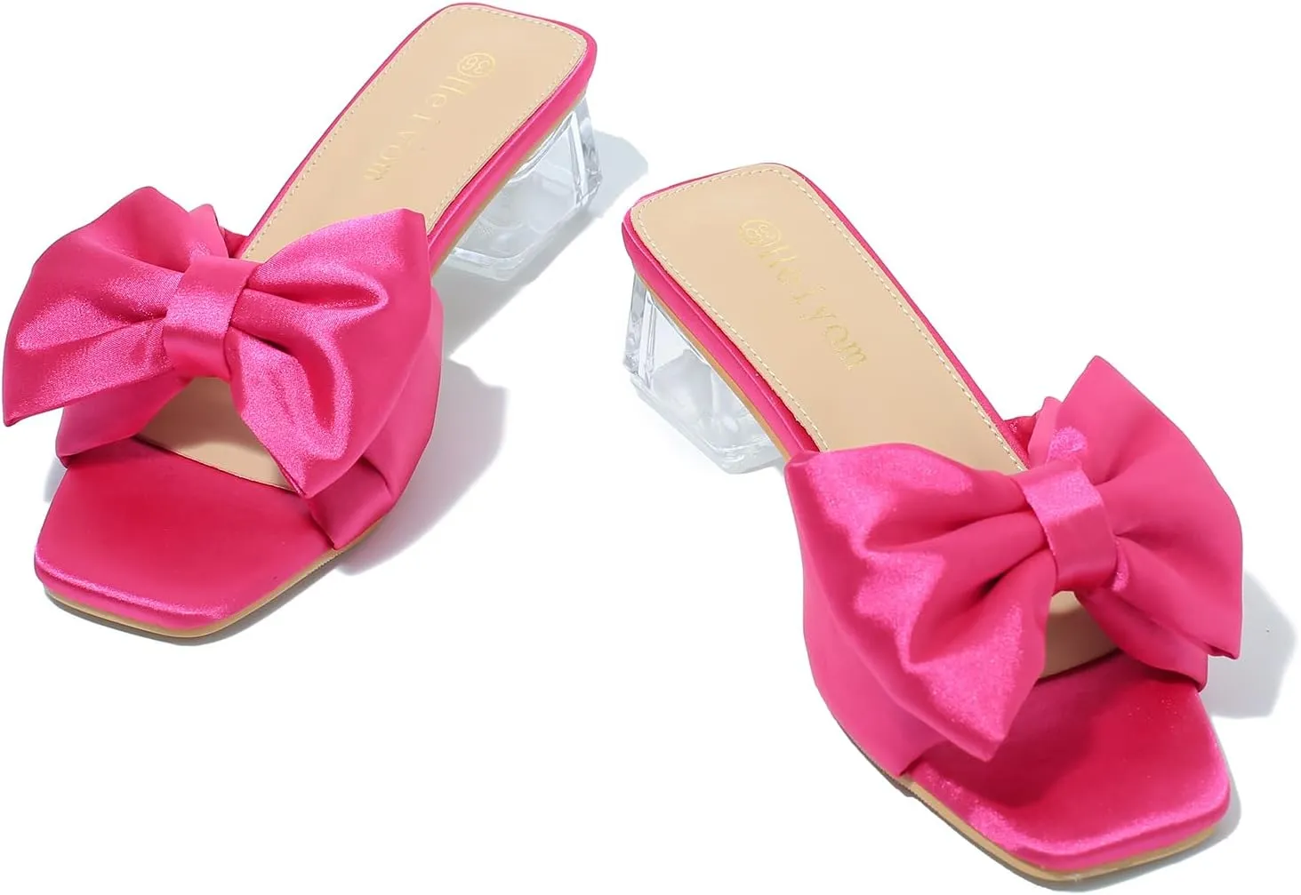 Heiyom Women's Square Toe Low Block Chunky Heels Mules Sandals Bowknot Slip on Clear Heels Wedding Bridal Party Dress Shoes