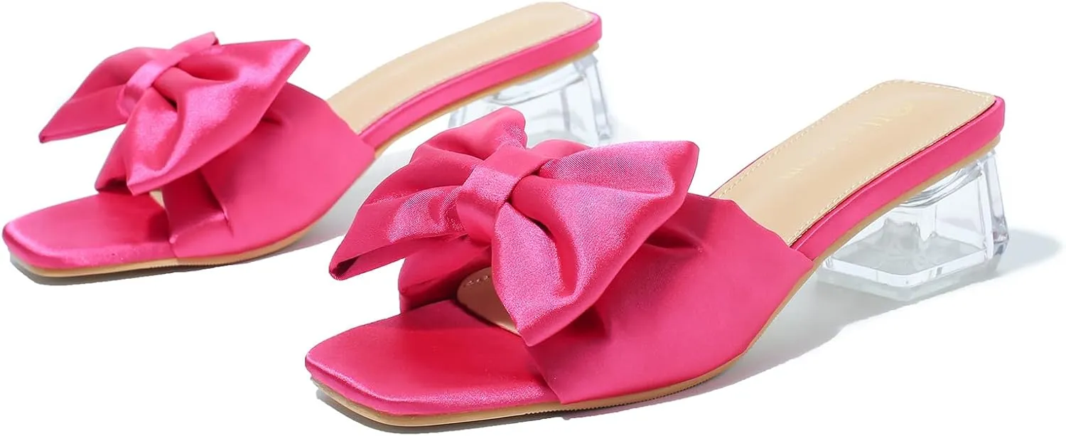 Heiyom Women's Square Toe Low Block Chunky Heels Mules Sandals Bowknot Slip on Clear Heels Wedding Bridal Party Dress Shoes