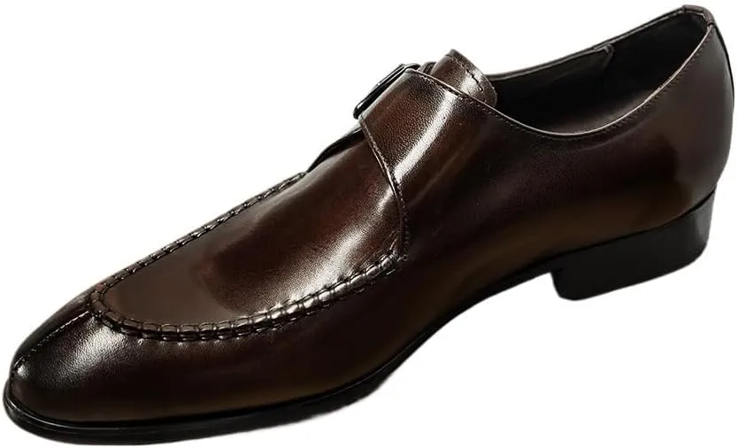 HOOENG Oxford Dress Shoes for Men Slip On Pointed Toe Genuine Leather Split Toe Monk Strap Block Heel Slip Resistant Anti-Slip Rubber Sole Casual(Light Coffee,6)
