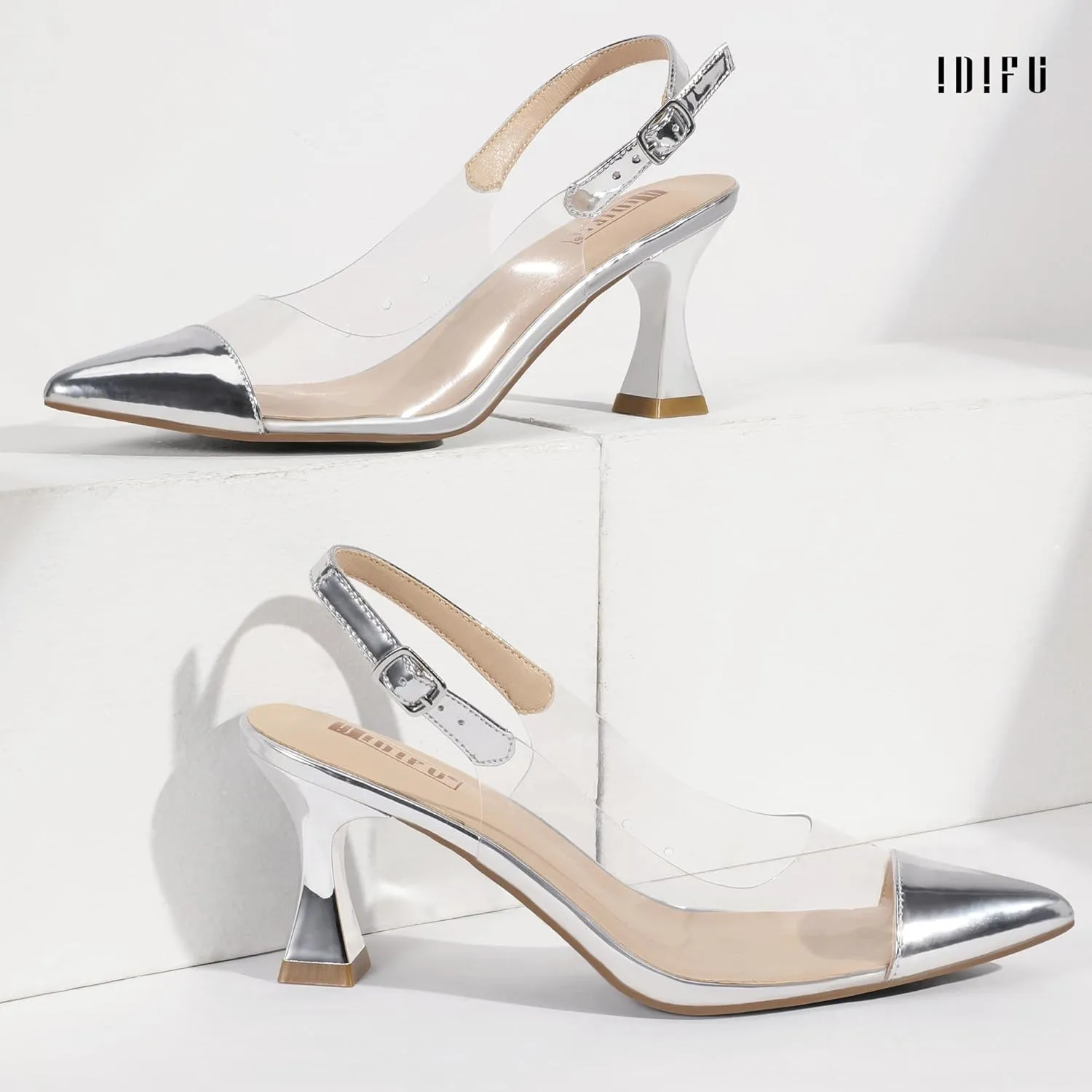 IDIFU IN3 Clear Kitten Heels Women's Pumps Closed Pointed Toe Slingback Low Short Heels Dress Shoes for Women Wedding Bridal Bridesmaid Prom Party Sexy Dressy Cute Trendy Pumps Shoes