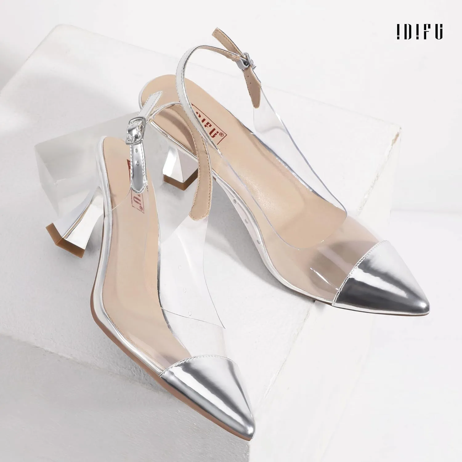 IDIFU IN3 Clear Kitten Heels Women's Pumps Closed Pointed Toe Slingback Low Short Heels Dress Shoes for Women Wedding Bridal Bridesmaid Prom Party Sexy Dressy Cute Trendy Pumps Shoes