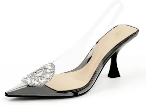 JENN ARDOR Clear Heels for Women Slingback Pointed Closed Toe Heels with Rhinestones 3 inch Comfortable Stiletto Sandals Pumps Wedding Party Dress Shoes