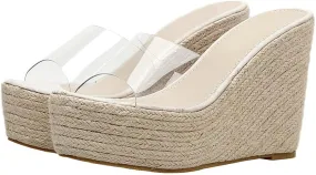 KOKOMOMO Womens Clear Peep Toe Mules Transparent Wedge Espadrille Sandals