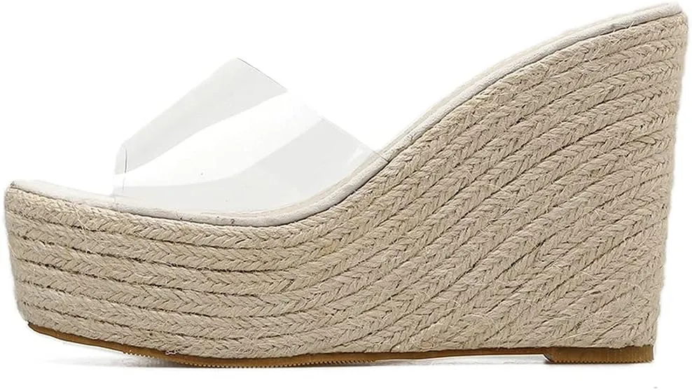 KOKOMOMO Womens Clear Peep Toe Mules Transparent Wedge Espadrille Sandals