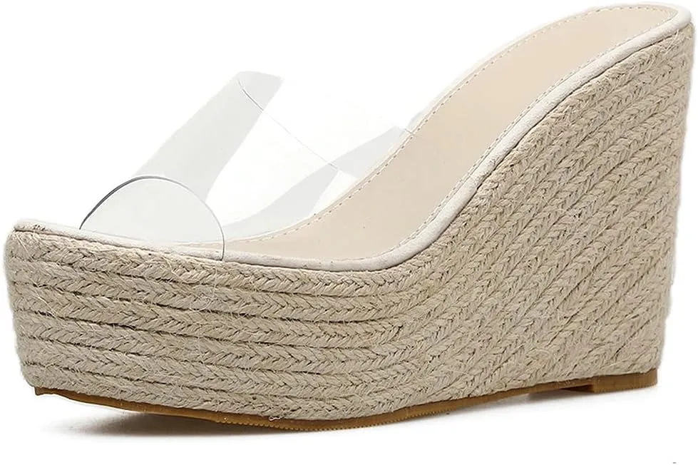 KOKOMOMO Womens Clear Peep Toe Mules Transparent Wedge Espadrille Sandals