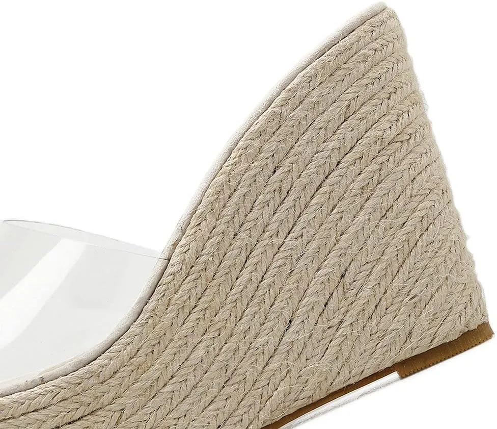 KOKOMOMO Womens Clear Peep Toe Mules Transparent Wedge Espadrille Sandals