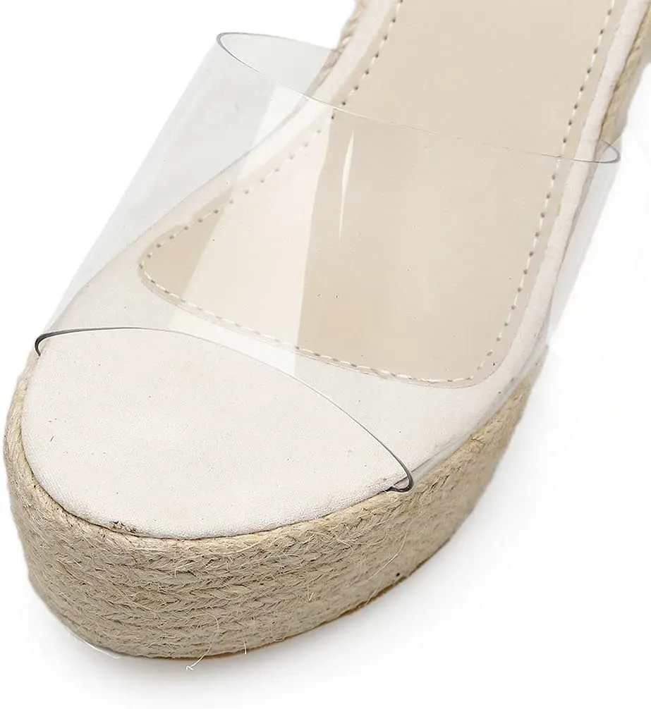 KOKOMOMO Womens Clear Peep Toe Mules Transparent Wedge Espadrille Sandals