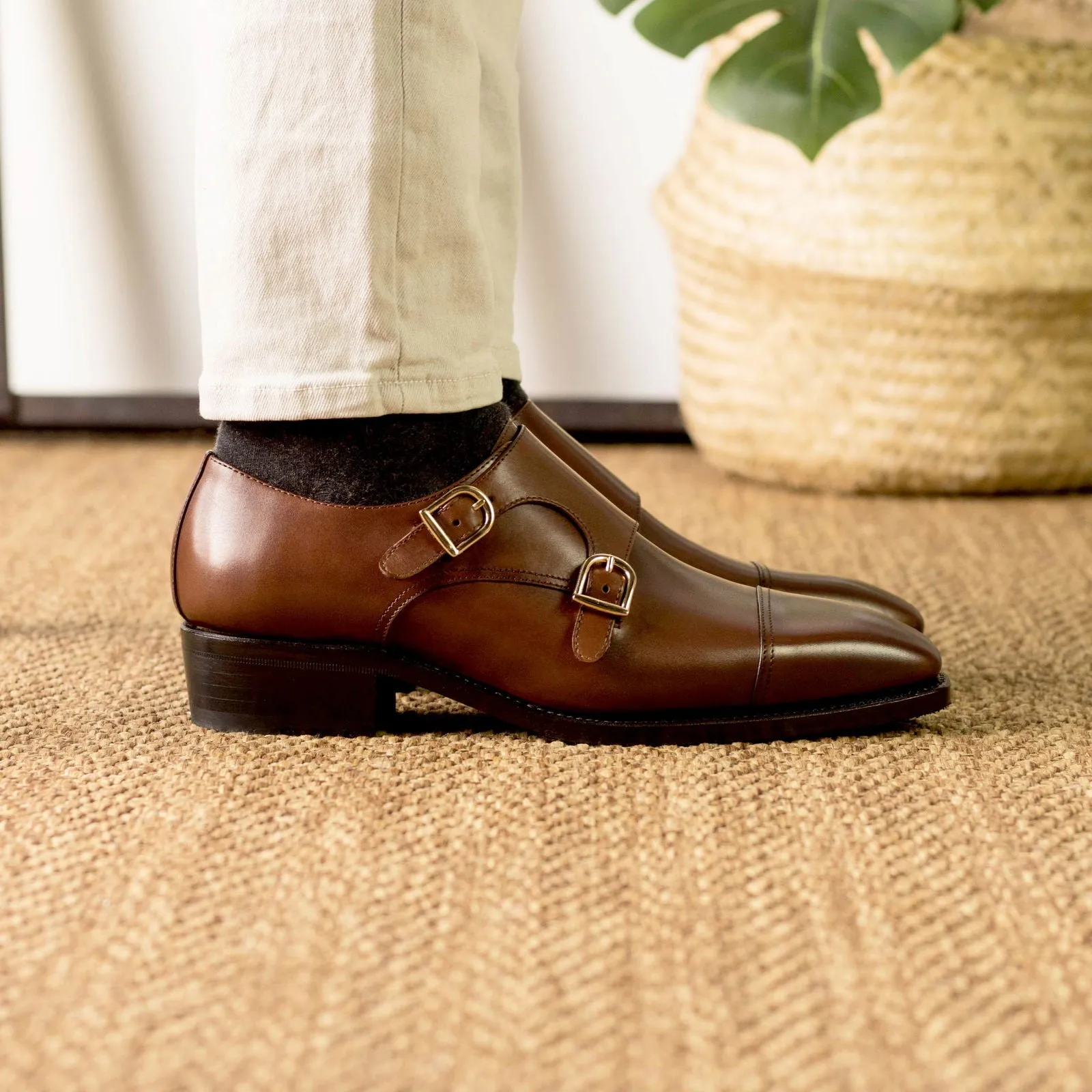 Men's Double Monk Leather Shoes Goodyear Welt Wide Plus Size Brown 5328
