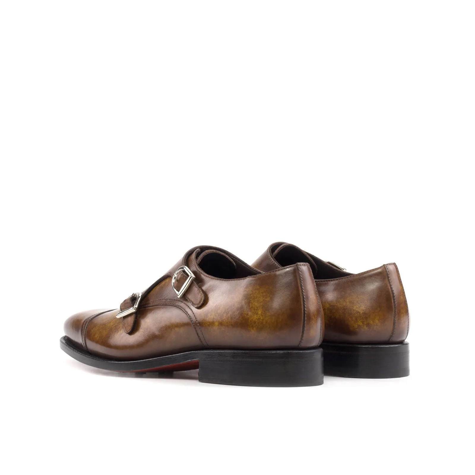 Men's Double Monk Shoes Patina Leather Goodyear Welt Wide Plus Size Brown 5590