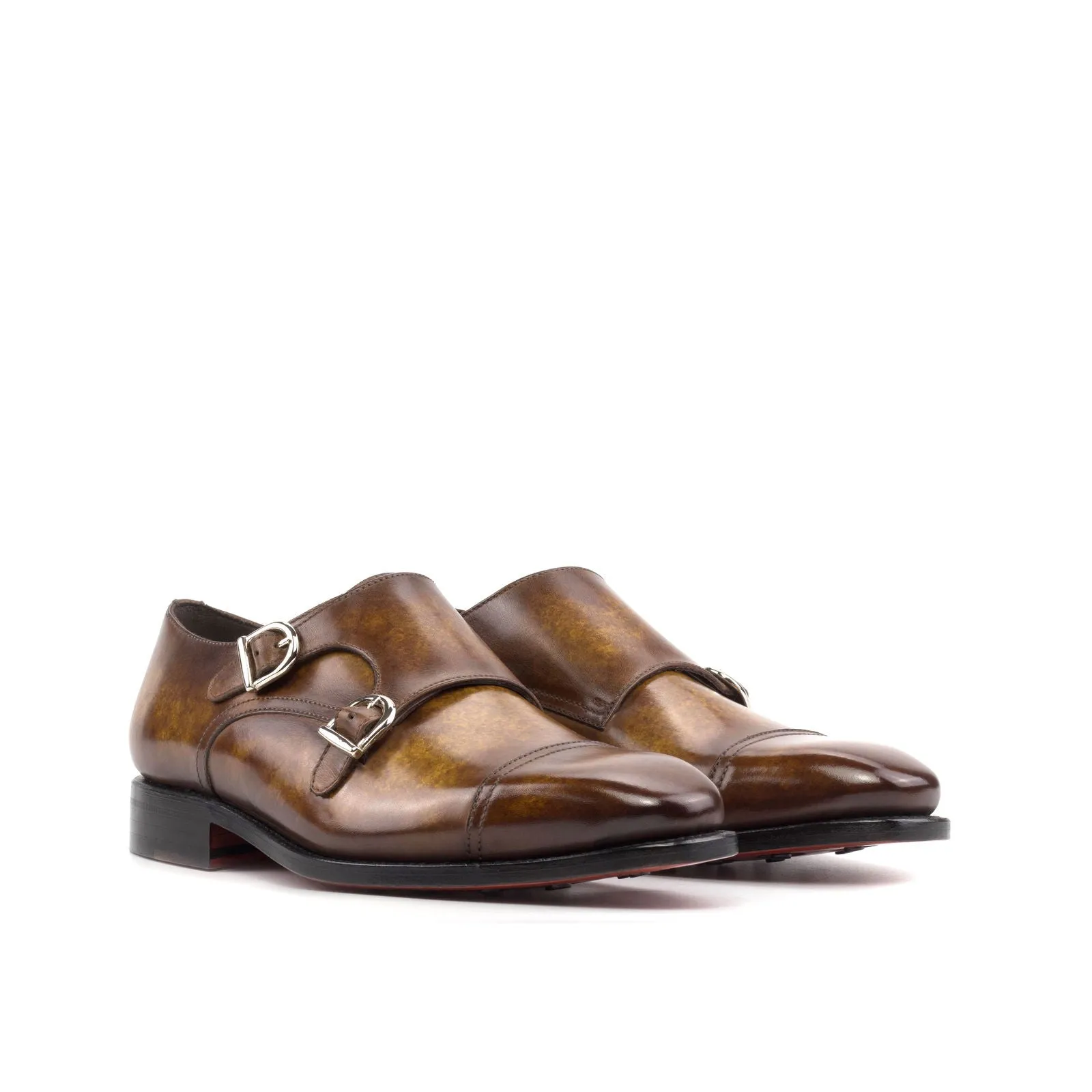 Men's Double Monk Shoes Patina Leather Goodyear Welt Wide Plus Size Brown 5590