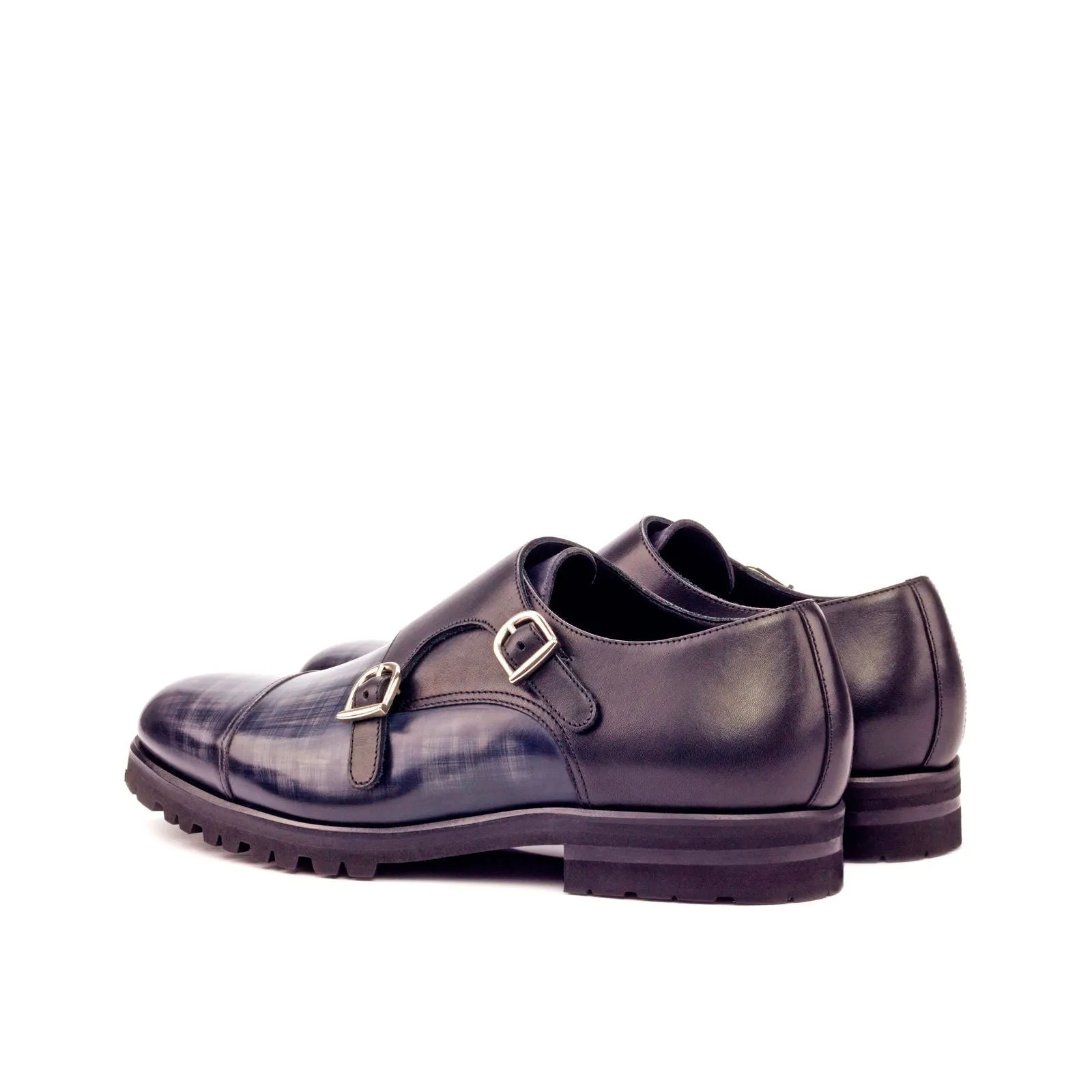 Men's Double Monk Shoes Patina Leather Wide Plus Size Black Grey 3399