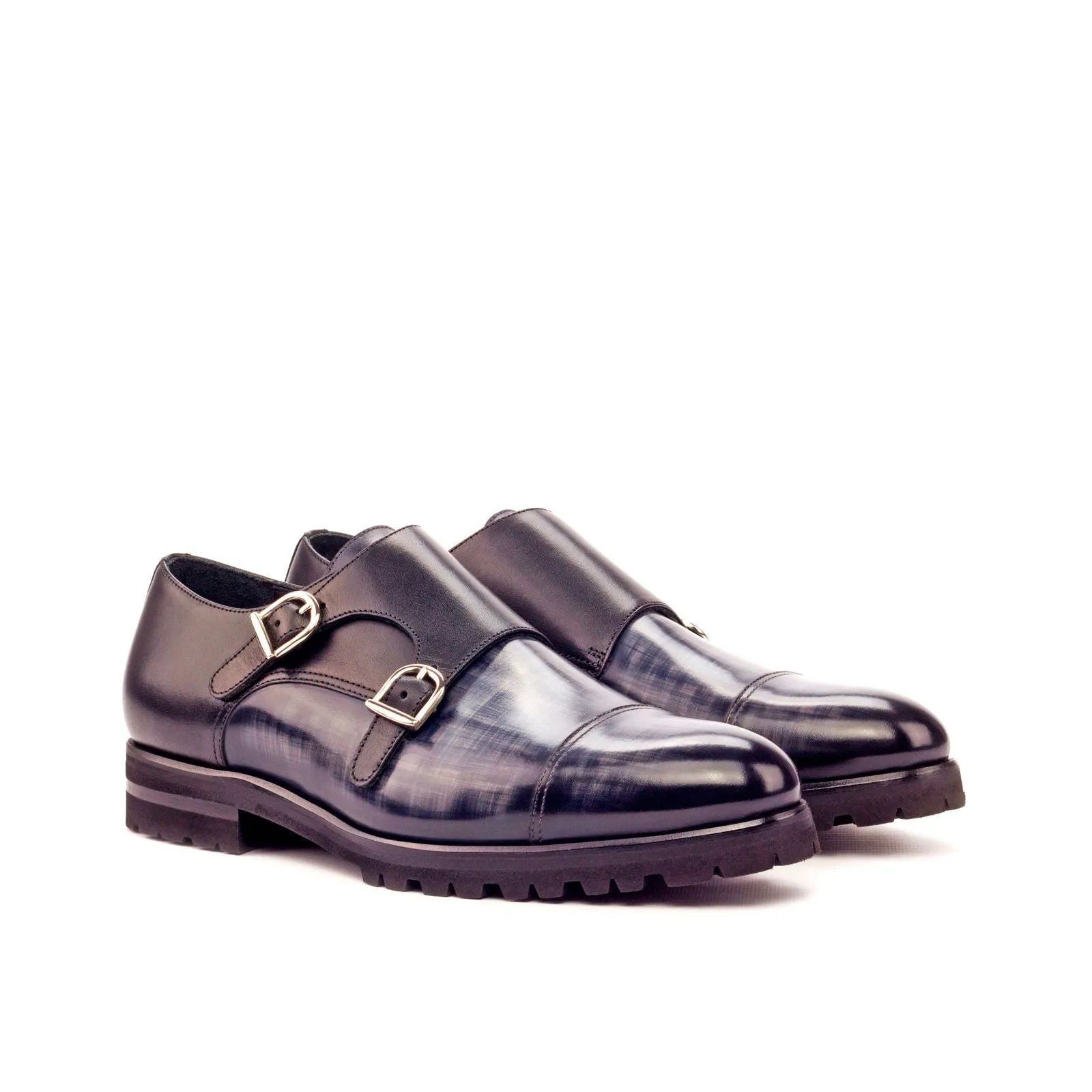 Men's Double Monk Shoes Patina Leather Wide Plus Size Black Grey 3399