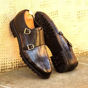 Men's Double Monk Shoes Patina Leather Wide Plus Size Black Grey 3399