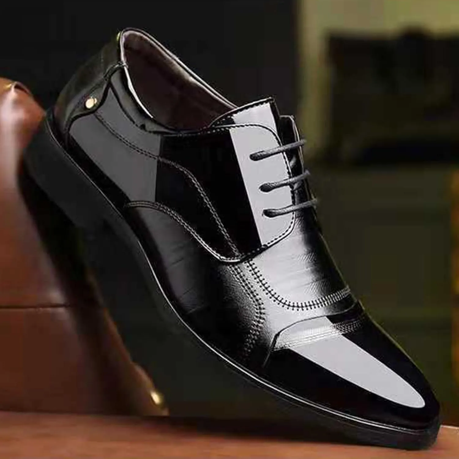 Men's Dress Shoes Faux Patent Leather Oxford Dress Shoes Fashion Printed Lace-Up Pointed-Toe Oxfords Shoes Faux Patent Leather Tuxedo New