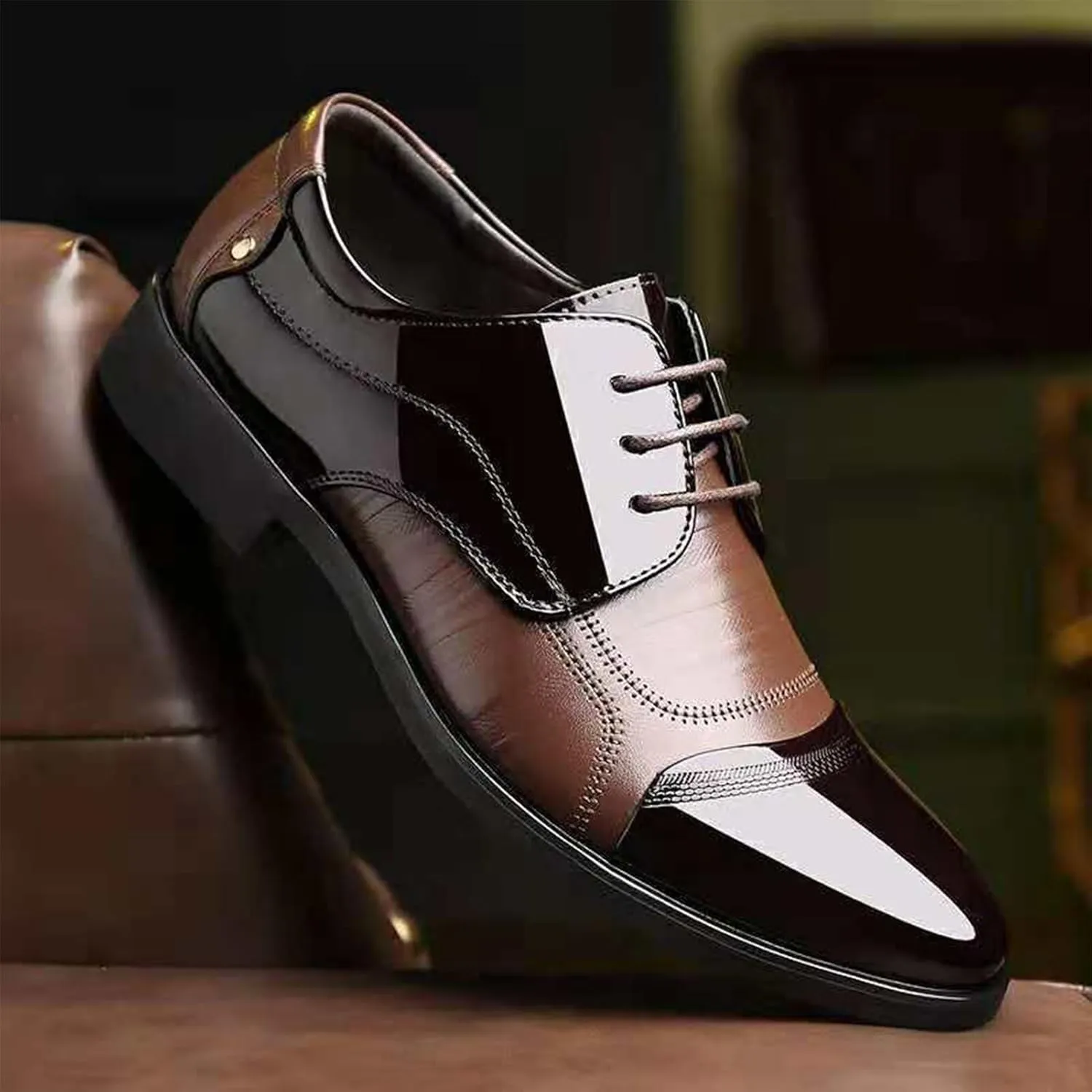 Men's Dress Shoes Faux Patent Leather Oxford Dress Shoes Fashion Printed Lace-Up Pointed-Toe Oxfords Shoes Faux Patent Leather Tuxedo New