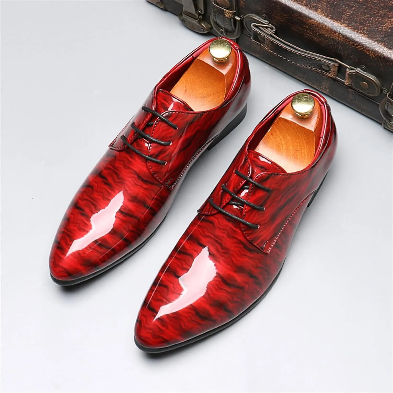 Mens Fashion Patent Leather Oxfords Shoes Comfortable Cap Toe Business Casual Lace Up Derby Shoes Formal Leather Dress Shoes for Wedding Work Office